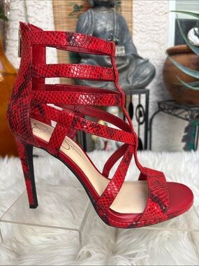 Jessica Simpson Red Snake-Print Strappy Stiletto Sandal
